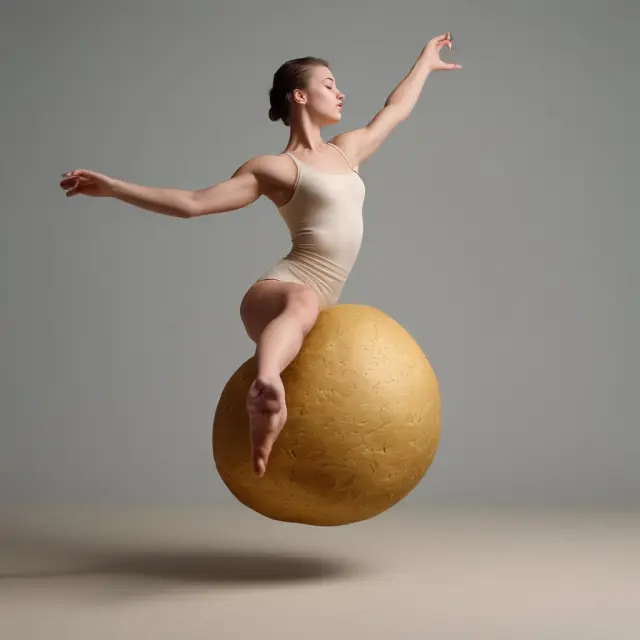 An elegant dancer symbolizes economic equilibrium as she balances a potato on the intersection of supply and demand curves, illustrating the point where price and quantity meet.