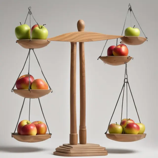 Two scales balance apples (supply) and workers (demand), representing macroeconomic equilibrium