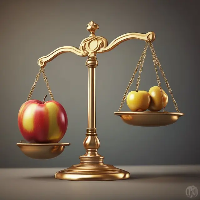 A golden apple balancing on the scales, representing the equilibrium point where supply and demand are equal.