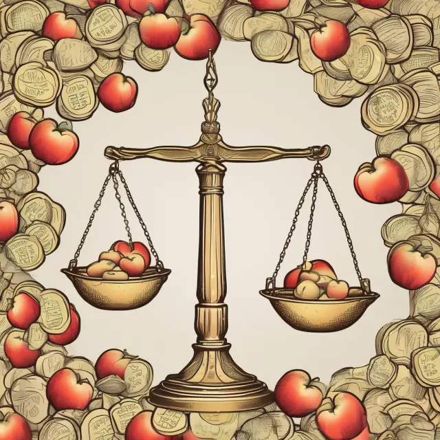 A golden set of scales with apples and coins balanced, illustrating market equilibrium.
