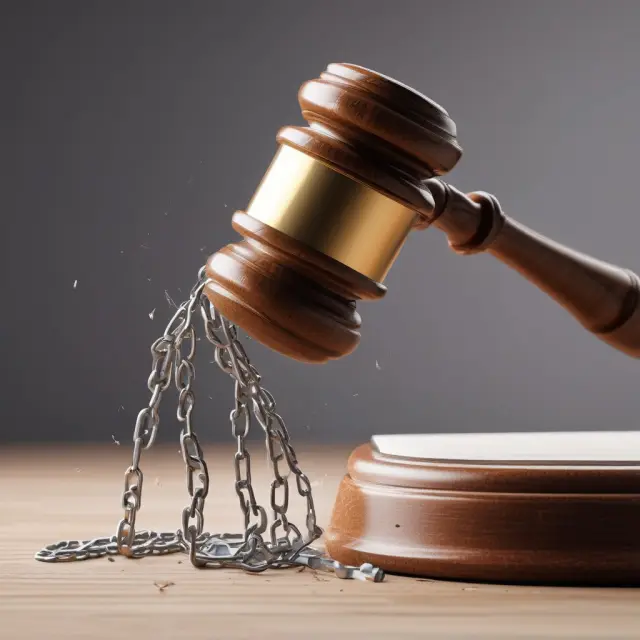 Gavel breaking free from contracts with interlinked chains, symbolizing the power of equitable relief to release parties from unfavorable obligations