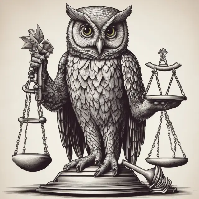 An owl holding a justice scale and a gavel grants equitable relief to a party in a dispute, emphasizing the significance of this remedy.
