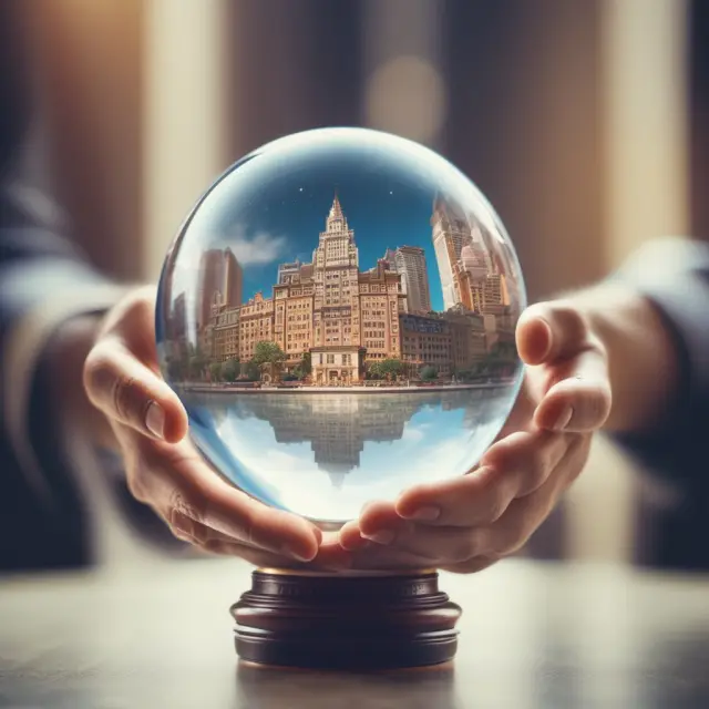 An investor, symbolized by an outstretched hand, holds a crystal ball revealing images of successful co-investment partnerships with private equity firms