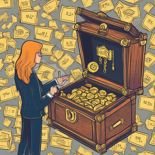An employee opening a treasure chest filled with golden keys, each key symbolizing vesting periods for their stock options