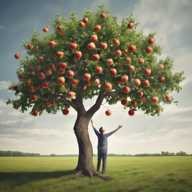 An employee extending a hand towards ripe apples on a performance share tree, surrounded by interwoven stock charts