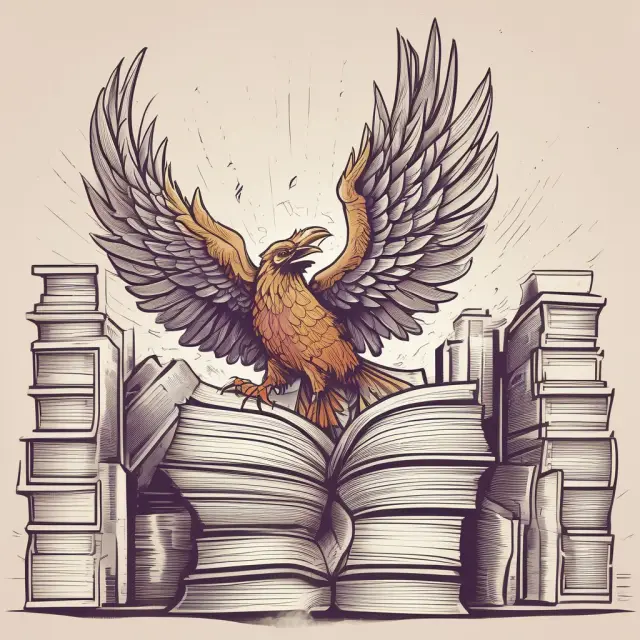 A mythical Phoenix emerging from a stack of financial news articles, signifying the valuable insights and knowledge gained from studying recent developments in equity compensation
