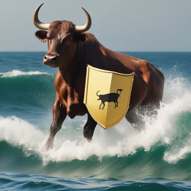 An equity bull, holding a protective shield, stands among volatile waves of bonds and stocks, representing Equity-Linked Notes