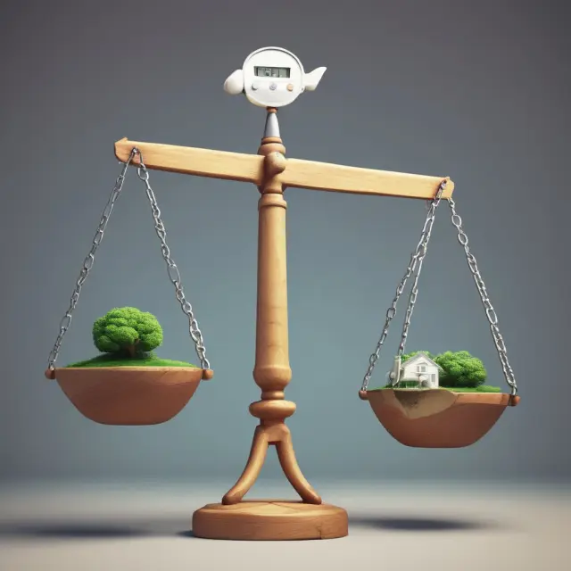 An image of scales balanced by a golden yoke. One pan holds a pile of gold coins representing equity, while the other, an equal weight of debt symbols.