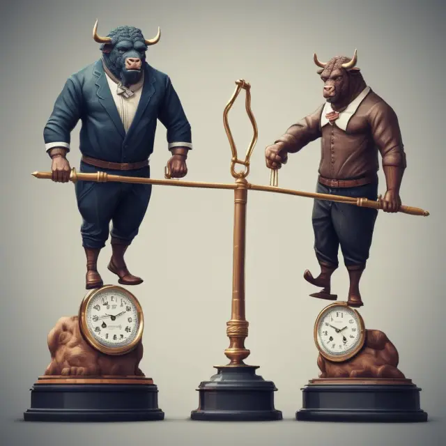 A trader weighs long and short position scales, depicting a balanced bull and bear for option flexibility.