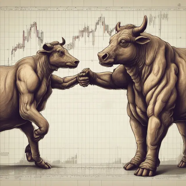 Bull and bear characters hand in hand over a changing stock graph, symbolizing option strategies: straddles and spreads.