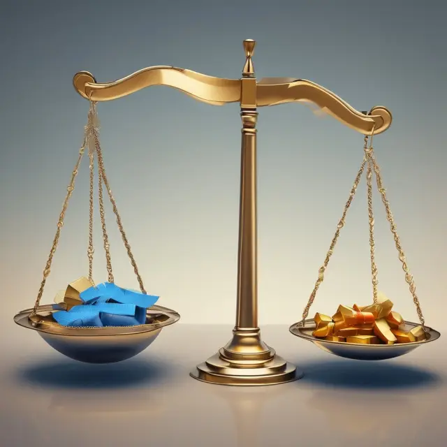 Golden shares and blue equity certificates on balance scales symbolize the investor