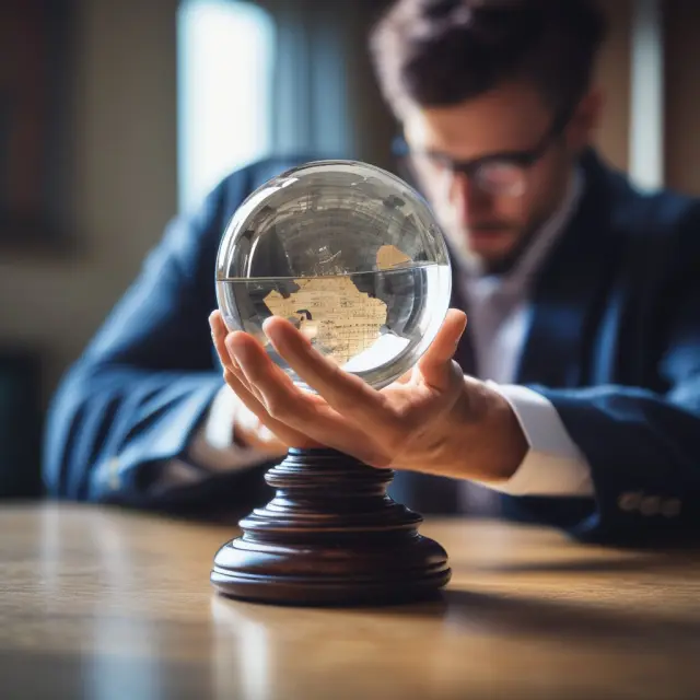 Investor studying equity accounting regulations, displayed as crystal ball with stock charts and regulatory body logos