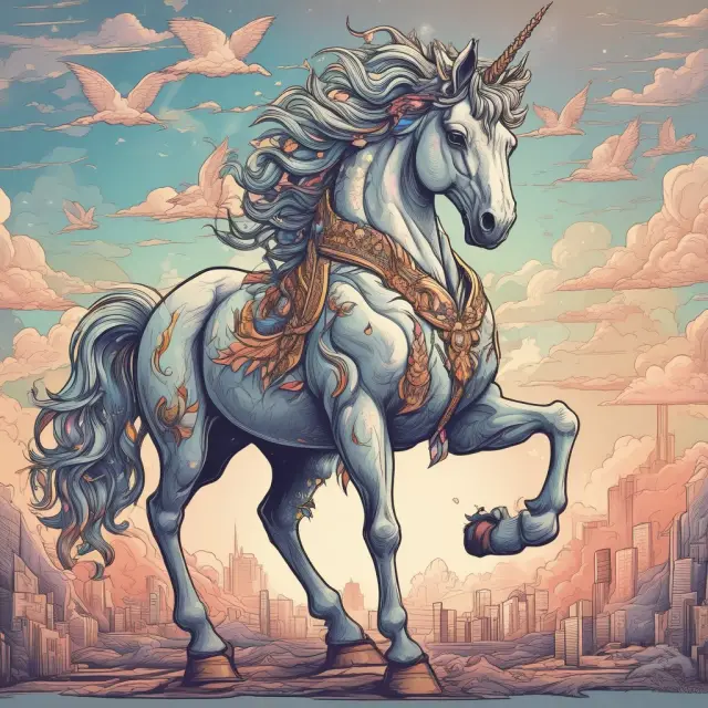 An ethereal marketplace filled with dreaming unicorns and reviving phoenixes symbolizing the growth, power, and wealth of Equity Capital Market.