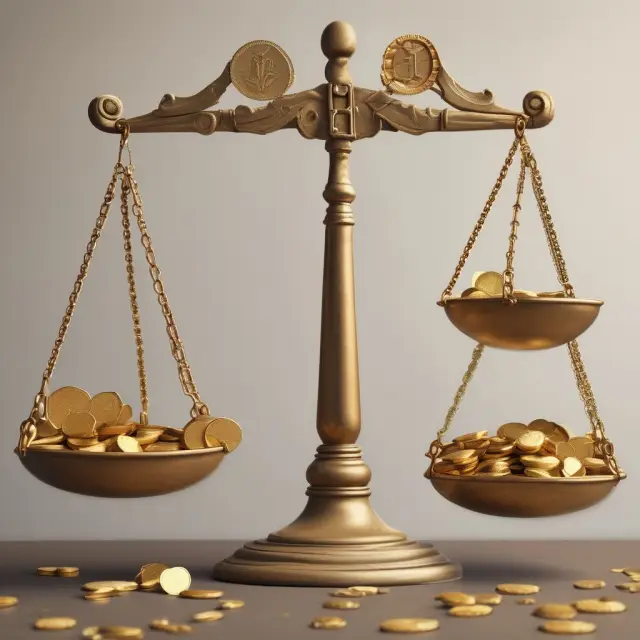 Visualization of the equity-efficiency tradeoff: Two scales balanced precariously, one filled with gold coins for Equity and the other with complex machinery for Efficiency