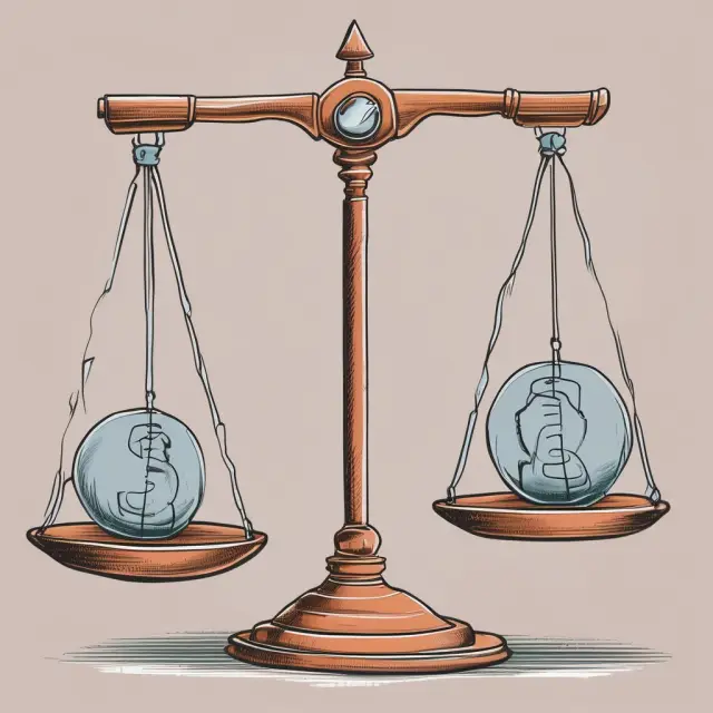Scales representing economic equity and efficiency, with gold coins symbolizing resources and people standing on each side