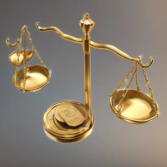 A golden scale balances efficiency (represented by gears) and equity (symbolized by weights), illustrating their ongoing conflict in economic systems.