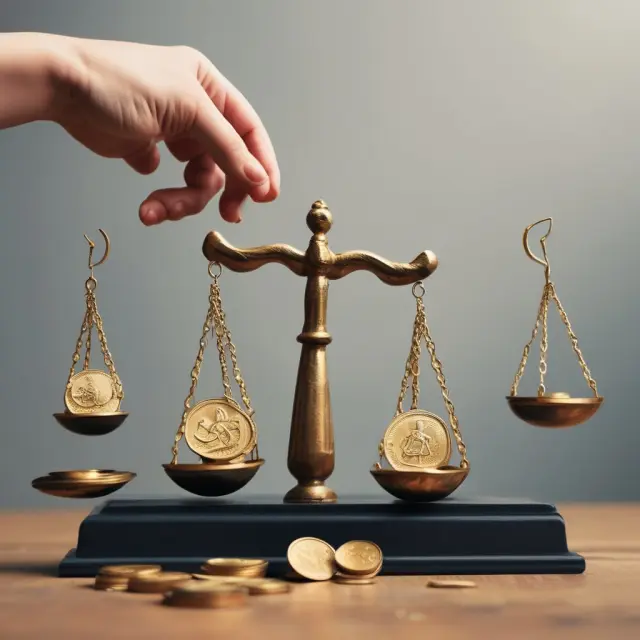 A person adjusts the weights of a balance, with one pan holding a gold coin symbolizing equity and the other a gold coin for efficiency.