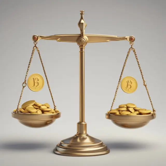 An image of two scales balanced on a pivot: one scale holds gold coins representing economic efficiency, and the other has weights symbolizing social equity.