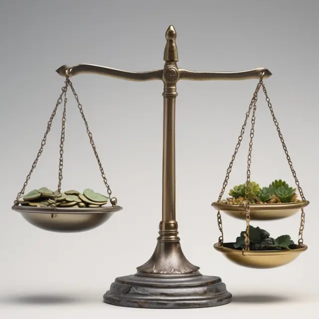 Two scales balanced on a table represent the tension between equity and efficiency, with each side labeled for economic models and policymaking.