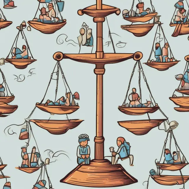 A set of balanced scales, each tip weighing either equity or efficiency, with hands guided by various cultural values represented as ethereal influences