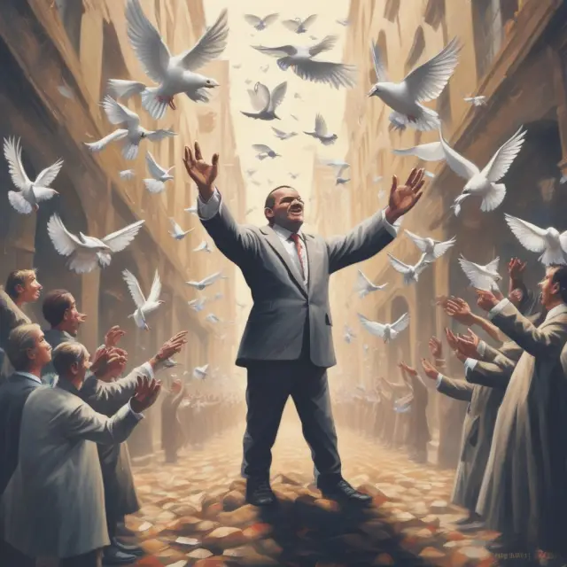 Entrepreneur symbolically releasing doves representing freedom from debt, investors exchange equity shares in the background