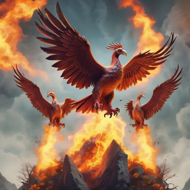 Three phoenixes representing IPOs, crowdfunding, and secondary offerings rising from a pile of financial ashes. Symbolizing company growth, resilience, and innovative financing methods.