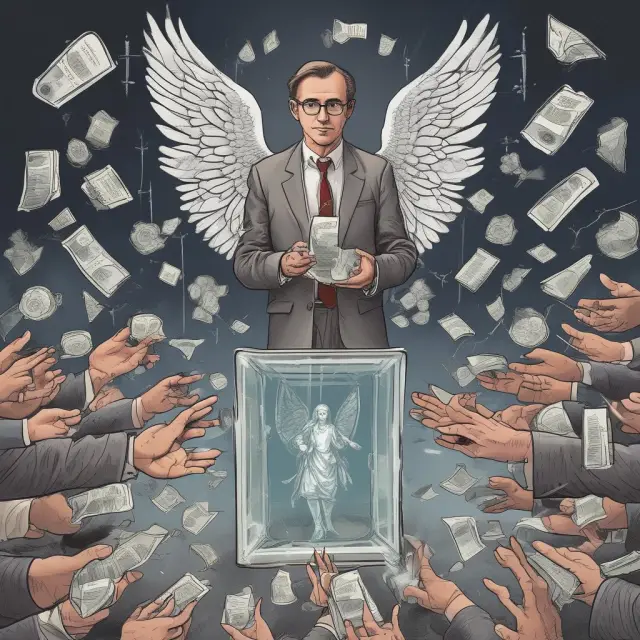 An angel investor holding a fragile glass symbolizing the risks of equity financing: dilution of control, loss of profits, regulatory compliance, pressure from investors, and valuation challenges.