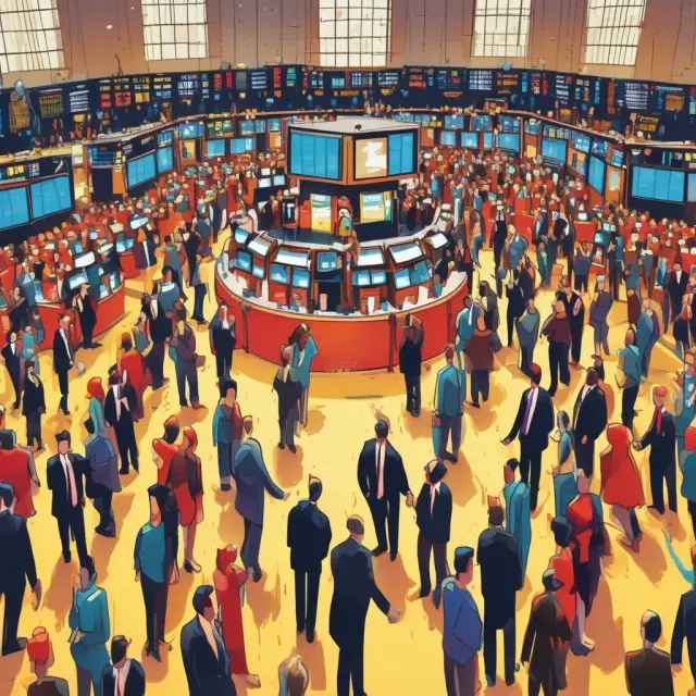 Issuers presenting stocks to buyers on a bustling stock exchange floor