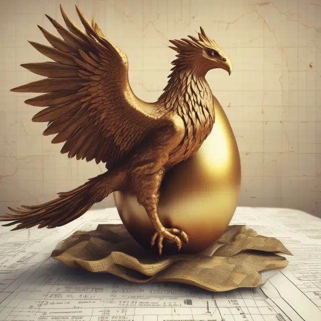 Golden phoenix rising from a bed of financial charts, representing the process and metamorphosis of an Initial Public Offering