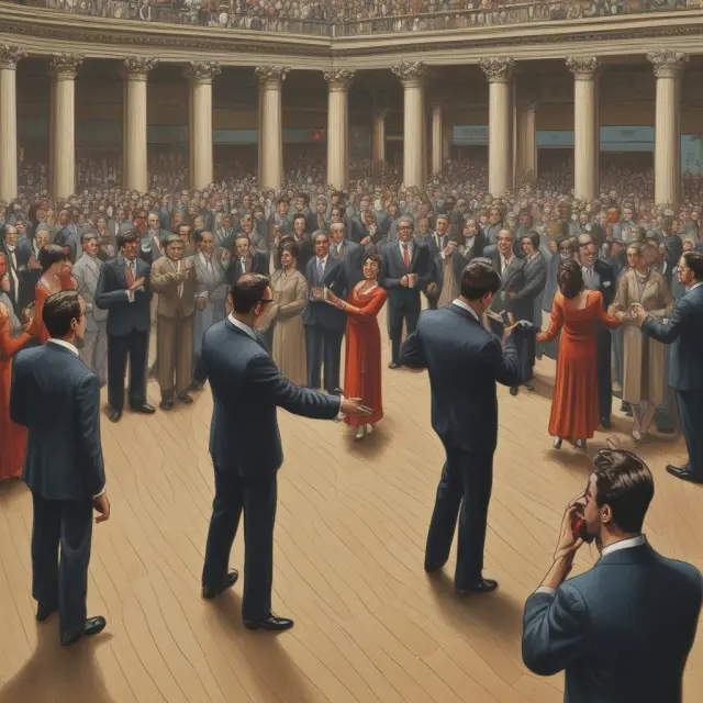 A captivating scene of buyers and sellers interacting at a bustling stock exchange, creating balance in the equity market.