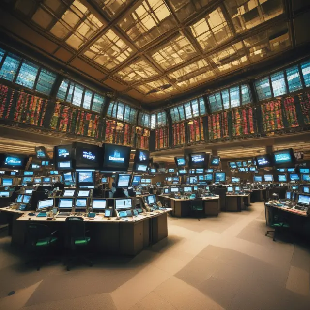 A scene of a traditional trading floor intertwined with a digital platform, symbolizing the coexistence and differences between physical and virtual stock exchanges