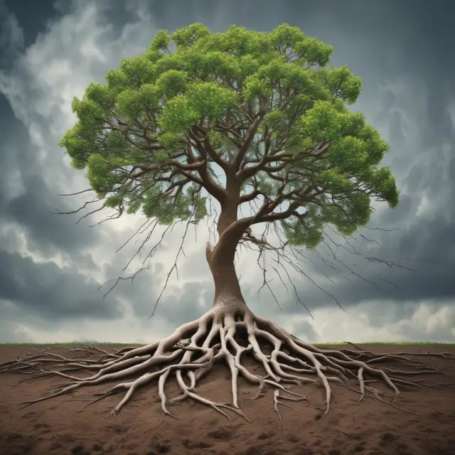 A sturdy tree with branches symbolizing risks in equity markets: company performance, market volatility, regulations, and liquidity.