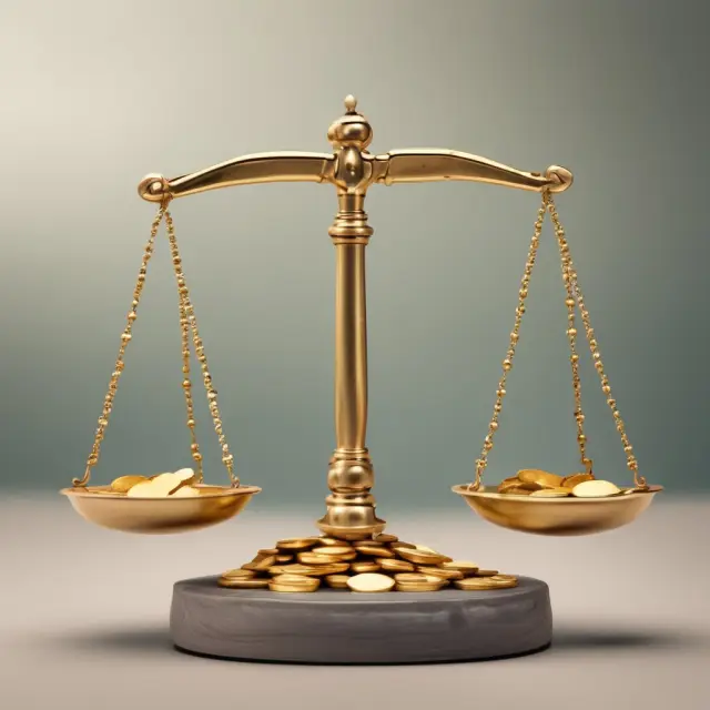 Golden balance scale showing fewer equity tokens versus more gold coins representing lower debt financing and perceived financial stability