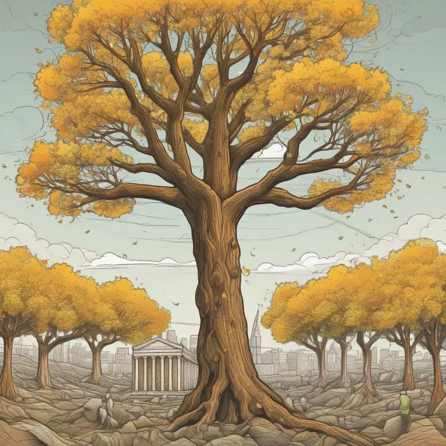 Golden trees symbolizing tech companies with high equity multipliers and deep debt roots, while stone pillars represent stable utility firms with lower equity multipliers.