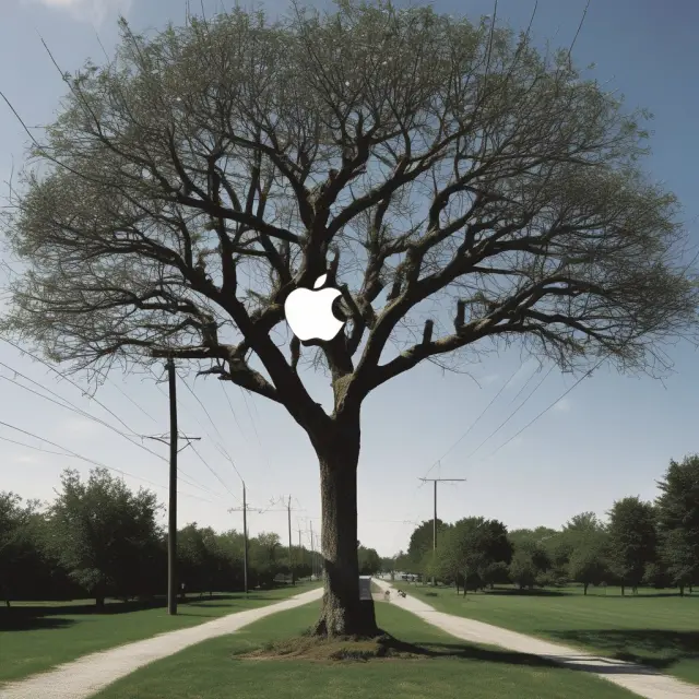 A comparison of equity multipliers for Apple and Verizon Communications, symbolizing their distinct business models as an innovative tree and a stable utility pole