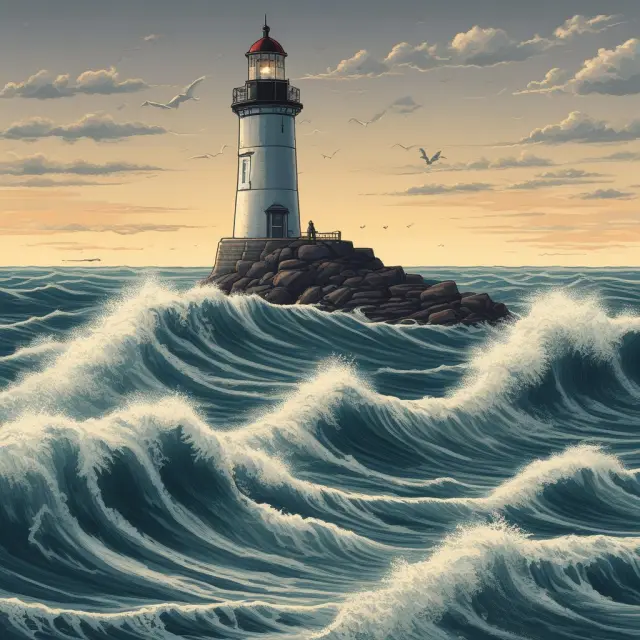 A vast ocean filled with diverse stock market indices reaches for the calming lighthouse, symbolizing the rewarding potential of equity risk premium