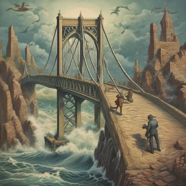 An economic ocean with waves symbolizing interest rates and inflation shaping a bridge leading to equity risk premium