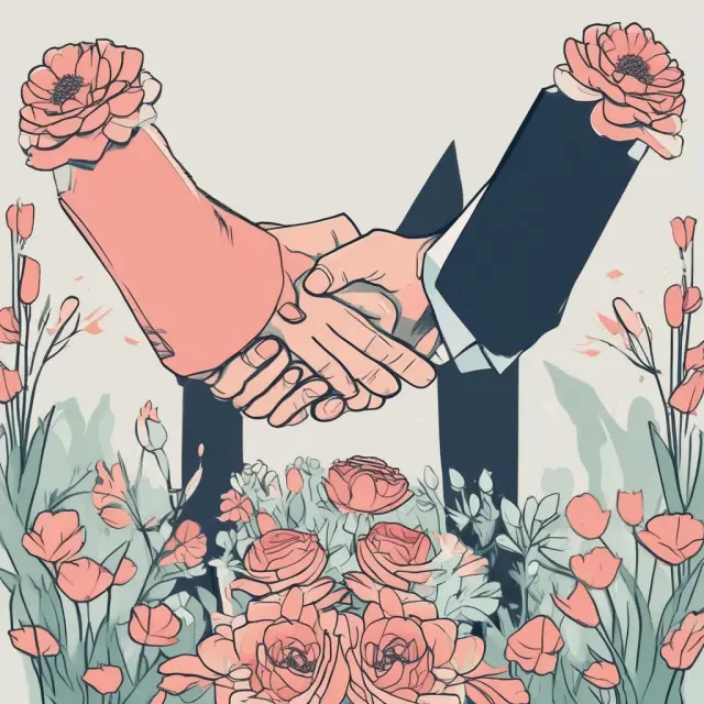 Two hands shaking on a contract, symbolizing an equity swap agreement. One hand holds a blooming flower representing a stock index, while the other clutches a wilting flower symbolizing LIBOR.