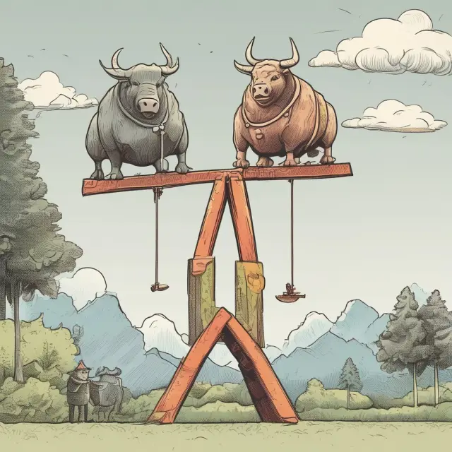 A see-saw with a bull and bear representing equity swaps and debt/equity swaps, symbolizing the balance between asset hedging and restructuring transactions