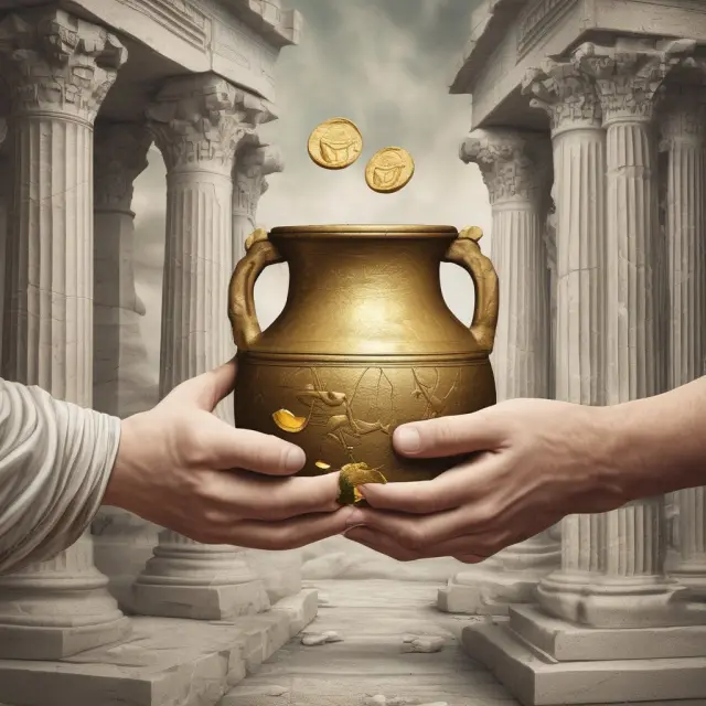 An ancient Greek amphora holds gold coins symbolizing institutional investments, and two hands shake on a bridge illustrating equity swaps in this FAQ section.