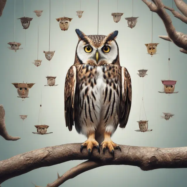 A wise owl assessing various investment projects, each represented by a feather, using the Equivalent Annual Annuity (EAA) approach to determine their worth based on consistent annual cash flows