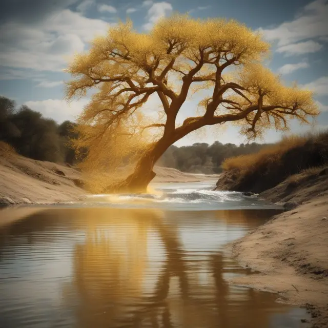 Golden tree with funds diverting into an eroding river, symbolizing profit erosion due to fund redirection