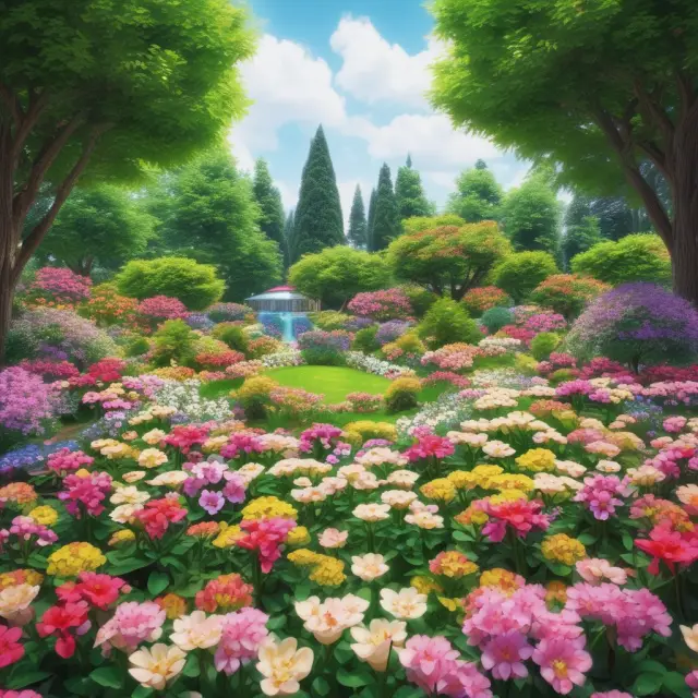 A lush garden with different flowers representing integrated business processes thriving in harmony within an Enterprise Resource Planning system