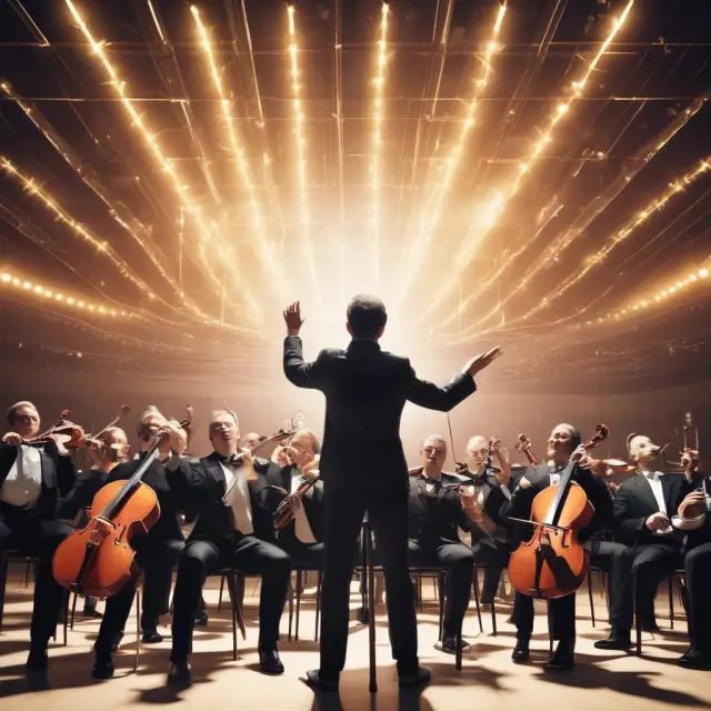 An orchestra conductor leading musicians representing different business functions on a unified stage, illustrating ERP