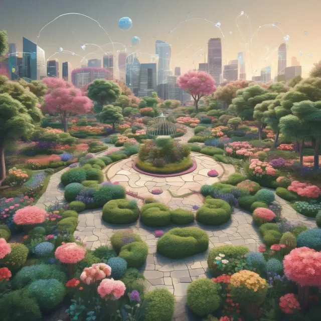 A vibrant garden filled with interconnected systems symbolizes choosing the right ERP solution based on business size, integration capabilities, customizability, user experience, and support.