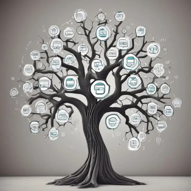 A business tree with interconnected branches representing successful ERP implementation, growth, and continuous improvement