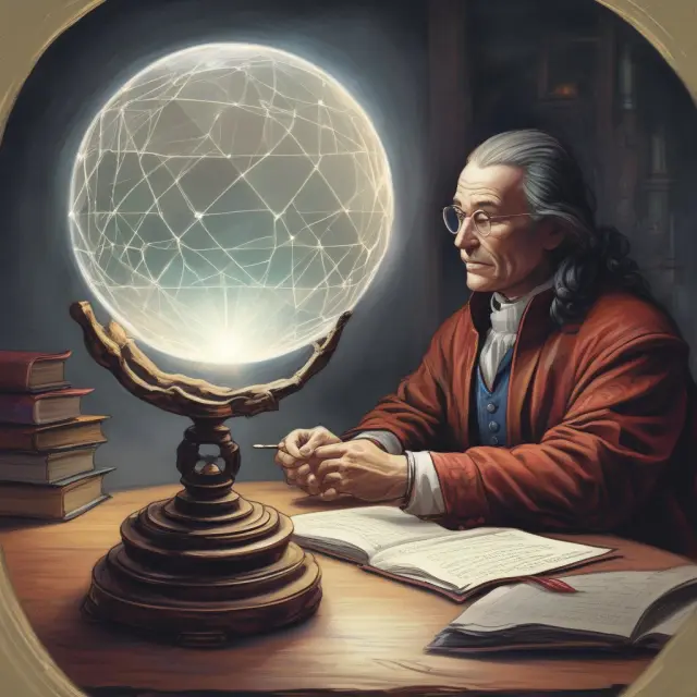 An oracle holding a crystal ball representing Enterprise Resource Planning systems, answering frequently asked questions.