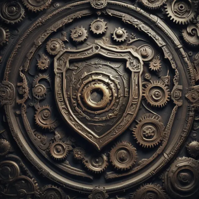 A shield formed from interconnected gears symbolizing E&O insurance, offering protection to businesses against potential lawsuits and financial loss.
