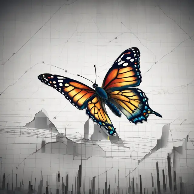 A butterfly flitting above stock market graphs to represent the random and elusive nature of error terms in regression analysis