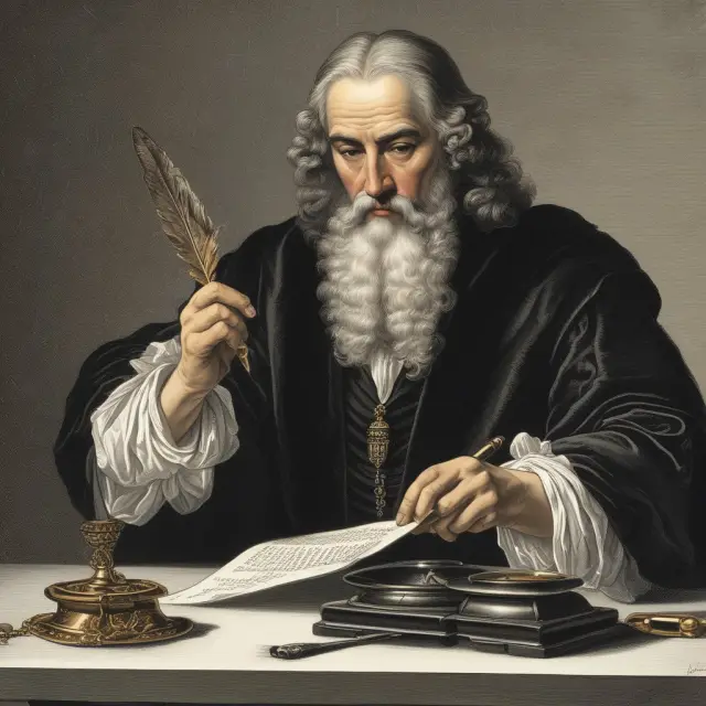 A lord holding a feather quill dips it in an inkwell, writing escheat laws on a golden scroll.